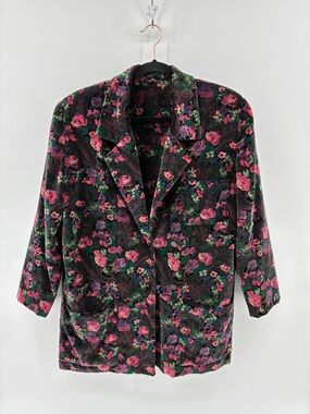 Floral Velvet Blazer Jacket - Black with Pink & Green Floral Print